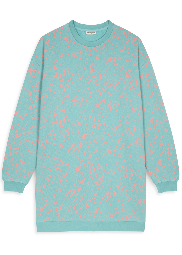 A mint green long sweatshirt dress with bright pink print allover it from Cub & Pudding