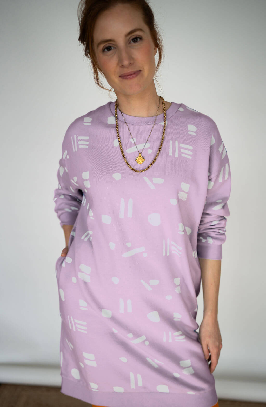 Line Dots Sweatshirt Dress - Lilac Grey