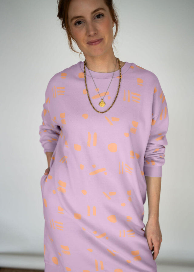 Line Dots Sweatshirt Dress - Lilac Peach