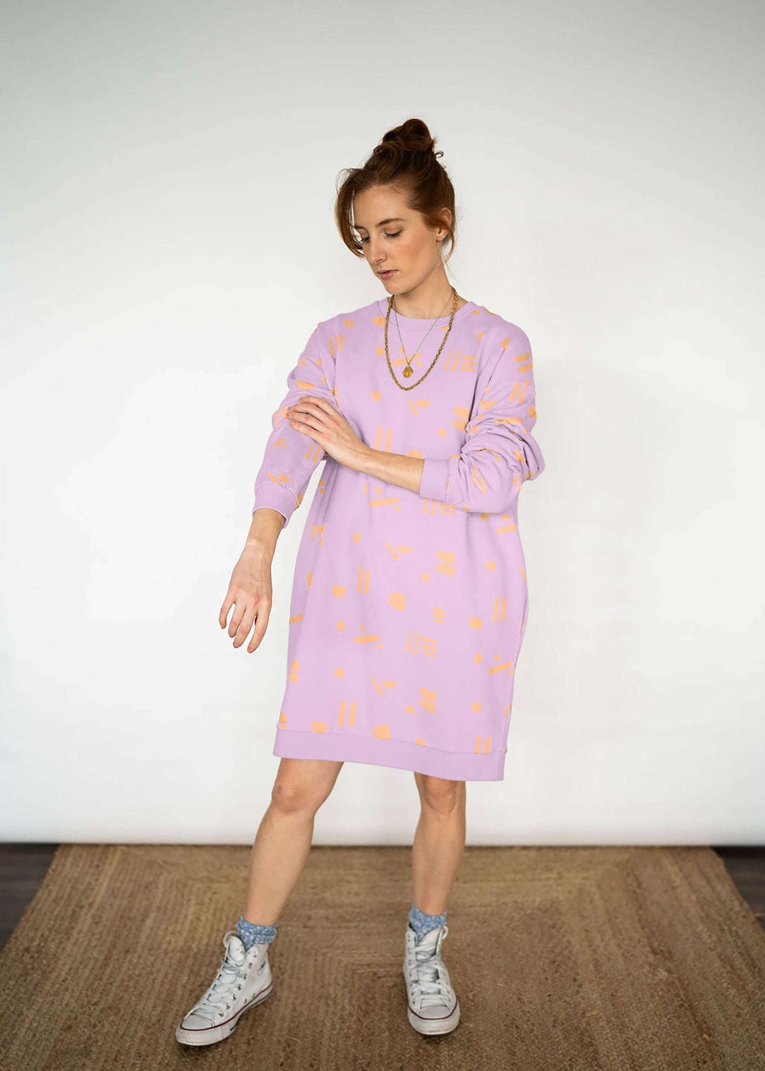 Line Dots Sweatshirt Dress - Lilac Peach